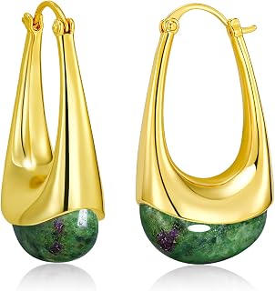 SNGIA Long Oval Chunky Dangle 18K gold plated Hoops with Colored Resin Gemstone Statement Earrings for Women by SNGIA, (Green, Brown, Blue, Pink, White, Cream), Bold Drop Handmade Exaggerated