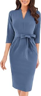 GRACE KARIN Women's Slim Fit V Neck 3/4 Sleeves Slit Back Elegant Office Midi Dress