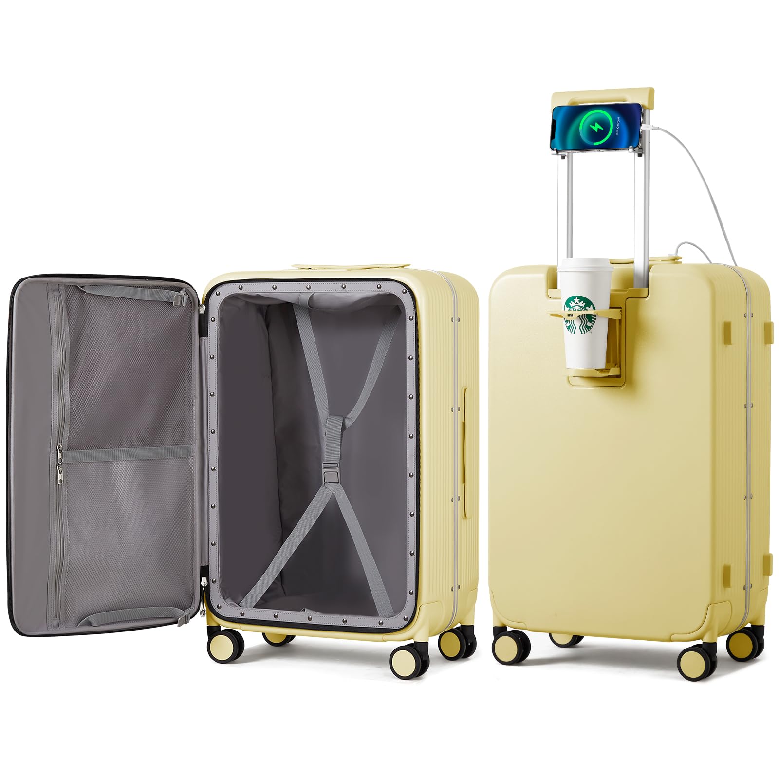 mixi Large Checked Luggage with Cup Phone Holder and Charger Hard Shell Suitcases with Spinner Wheels, 26 Inch Lark Yellow