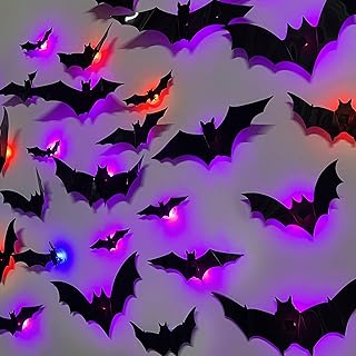 DR.DUDU 36 Pack Halloween Bats Wall Decor Halloween Decorations Indoor | Light Up Flashing Modes, Assorted Size, 3D Bat Stickers, for Bedroom Party Walls Bathroom Mirrors Garages Door