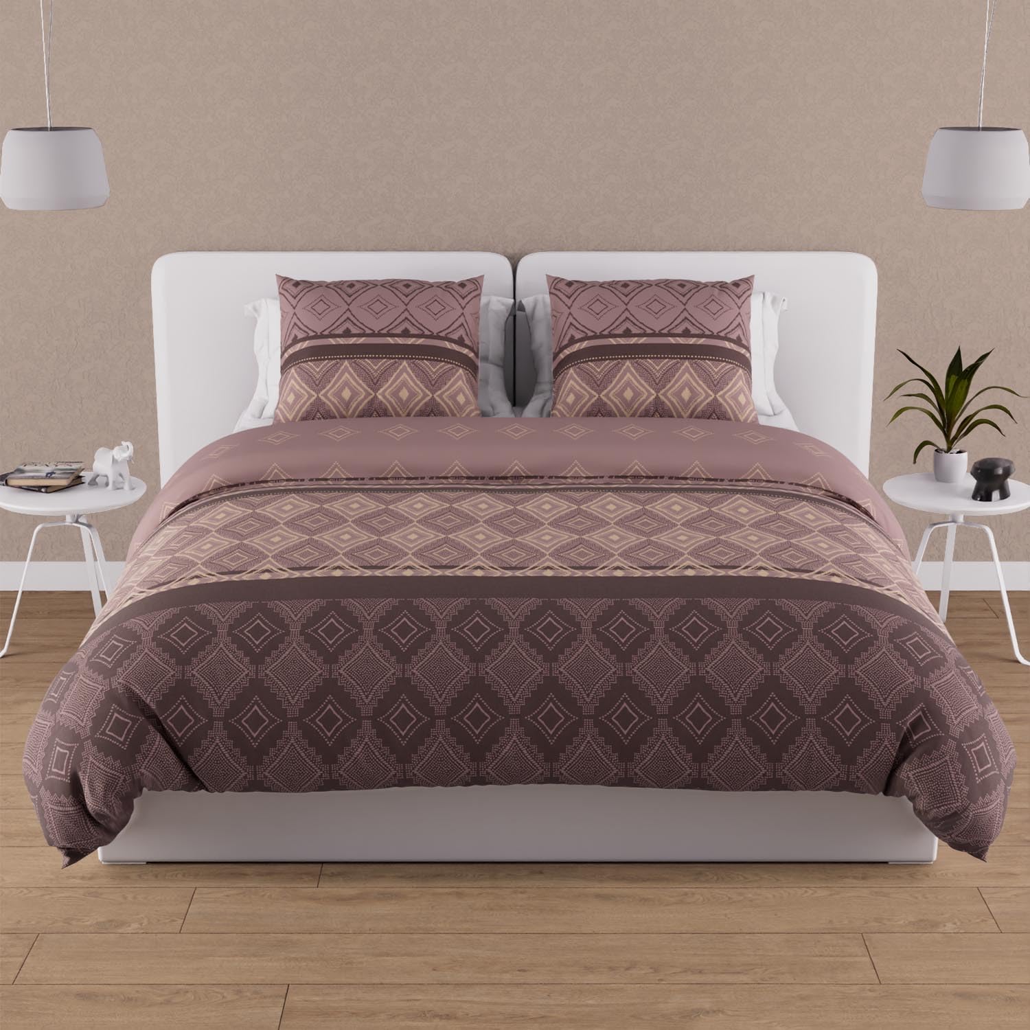 Soleil d'ocre, Ethno Cotton Duvet Cover Set, 57 Thread Count, 240 x 220 cm, Brow