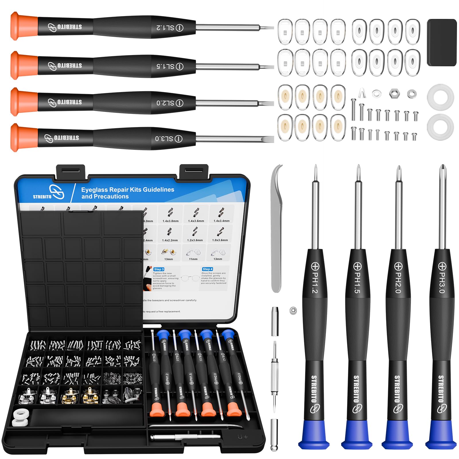 STREBITO Glasses Repair Kit, Eyeglass Repair Kit with Screws Nose Pads | All-in-
