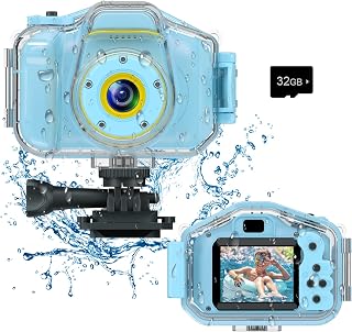 Agoigo Kids Waterproof Underwater Camera Toy for Boys Girls Ages 3-12, Blue | Children Digital HD Video Camcorder with 32GB Card, Toddler Christmas Birthday Gifts, Backyard, Pool, Picnic & Playground