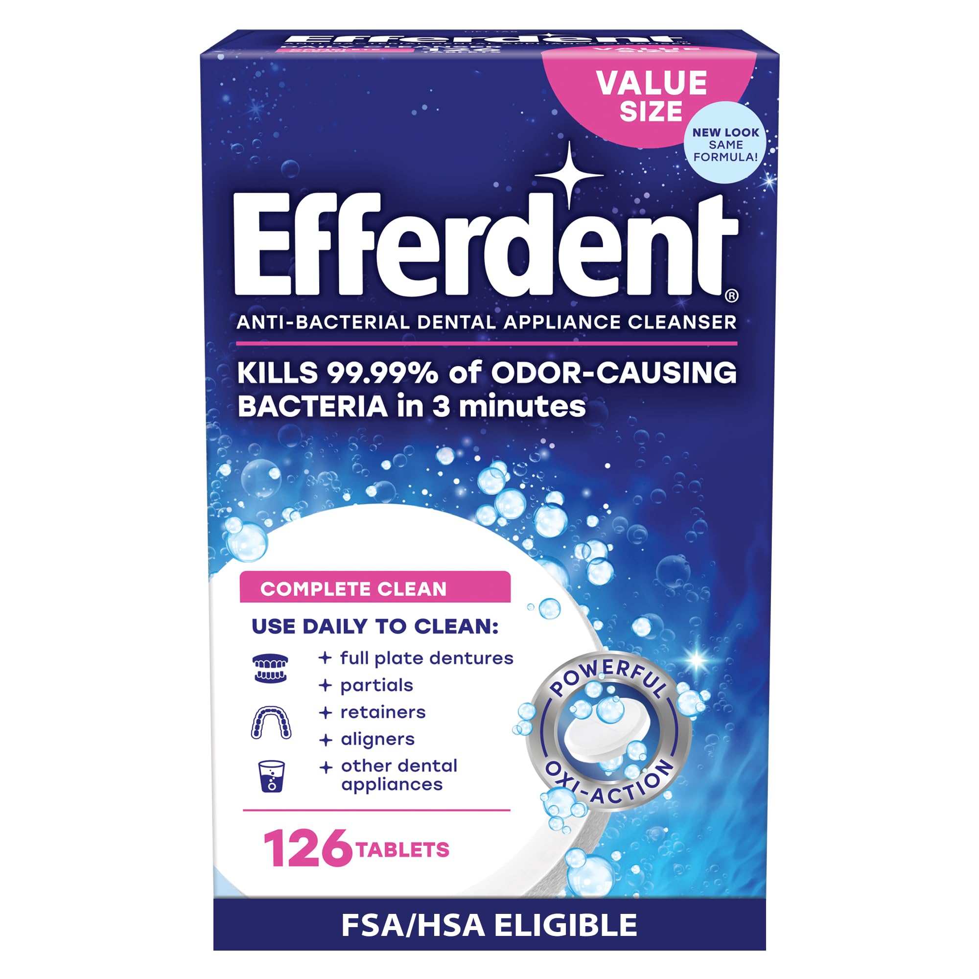 Efferdent Denture Cleaner Tablets, Complete Clean, 126 Count | Retainer Cleaner,