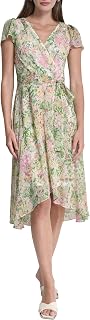 DKNY Women's Flutter Sleeve Surplice Tie Fit & Flare Midi Dress