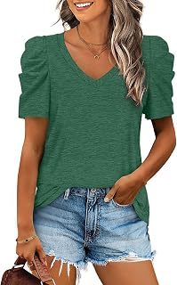 LCXWFE Womens Summer Casual Puff Sleeve V Neck T Shirts