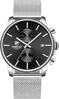 GOLDEN HOUR Men’s Watch Fashion Sport Quartz Analog Mesh Stainless Steel Waterproof Chronograph Watches, Auto Date in Blue/Red/Grey/Gold Hands, Color: Black