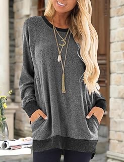 Womens Long Sleeve Round Neck Tunic Tops Casual Loose Fit Pullover Blouse Sweatshirts with Pocket