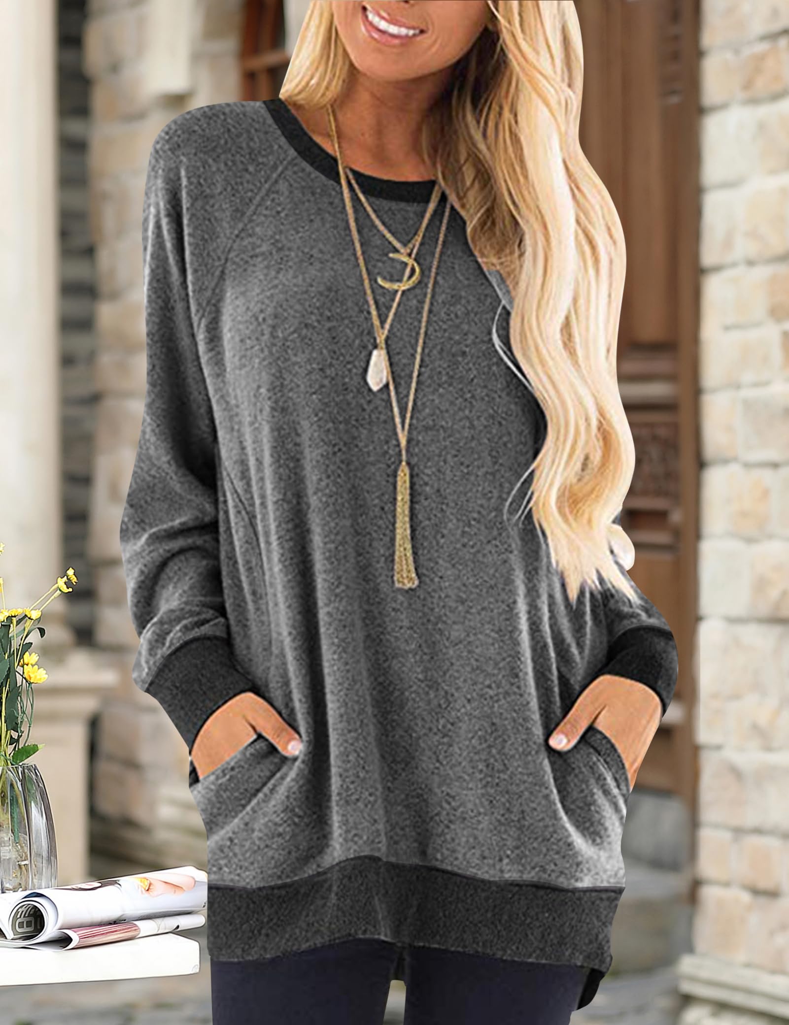 Womens Long Sleeve Round Neck Tunic Tops Casual Loose Fit Pullover Blouse Sweats