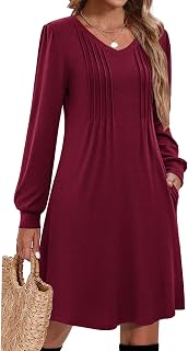 Zeagoo Fall Dresses for Women Long Sleeve Casual Pleated V Neck Dress 2026 A Line Tunic Dress