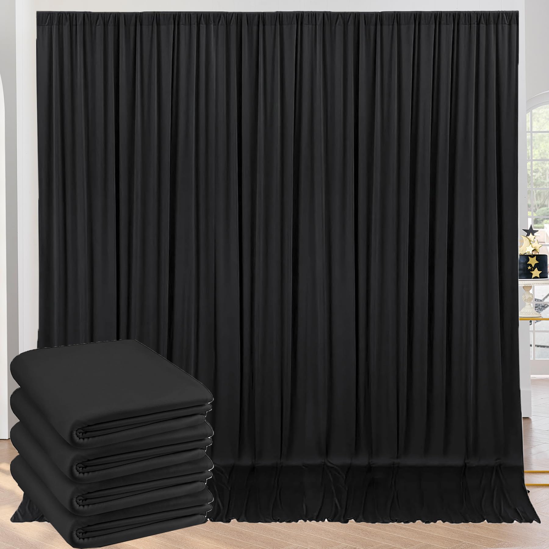 20ft x 10ft Wrinkle Free Black Backdrop Curtains for Parties, 4 Panels 5x10ft Si