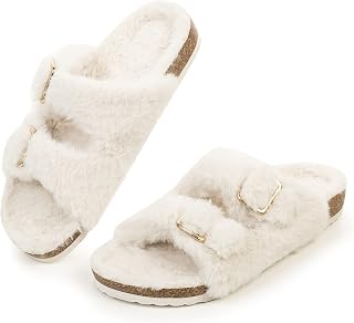 FITORY Womens Open Toe Slippers,Faux Rabbit Fur Cork Slides Sandals