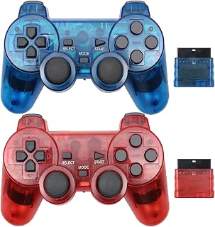 Wireless Controller for PS2,Built-in Dual Vibration 2.4G Gamepad Joystick Compatible for PS2,with Wireless Receivers (Clear Blue+Clear Red)