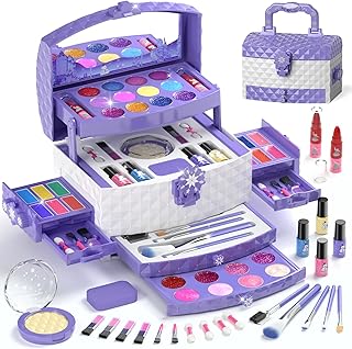 PERRYHOME Kids Makeup Set for Girl 56 Pcs Washable Real Cosmetic, Safe & Non-Toxic Frozen Toys Toddler Makeup Kit, Princess Dress up Game Christmas & Birthday Girl Gift for 3-12(Frozen Purple)