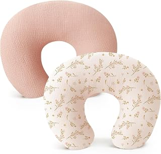 Konssy 2-Pack Muslin Nursing Pillow Covers, Floral Soft Slipcover for Baby | Covers Only, 100% Cotton, Hidden Zipper, Washable, Breastfeeding Pillows Covers for Newborn Boys &amp; Girls, (Pink, Floral)