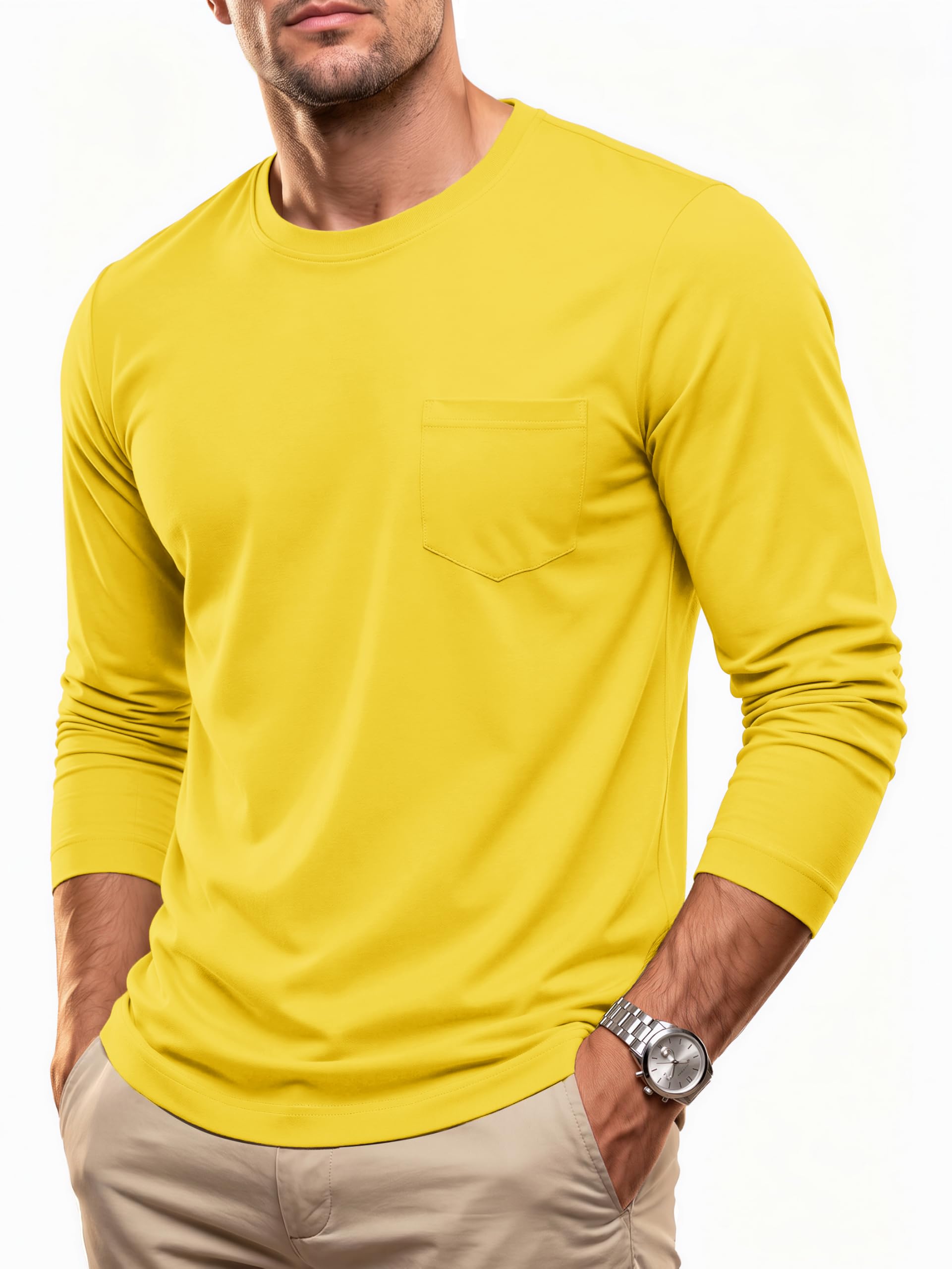 MAGCOMSEN Maglietta da uomo a maniche lunghe girocollo con tasca casual traspira
