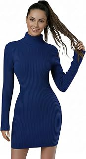 v28 Women Turtleneck Long Sleeve Bodycon Fall Winter Mini Slim Knit Sweater Dress