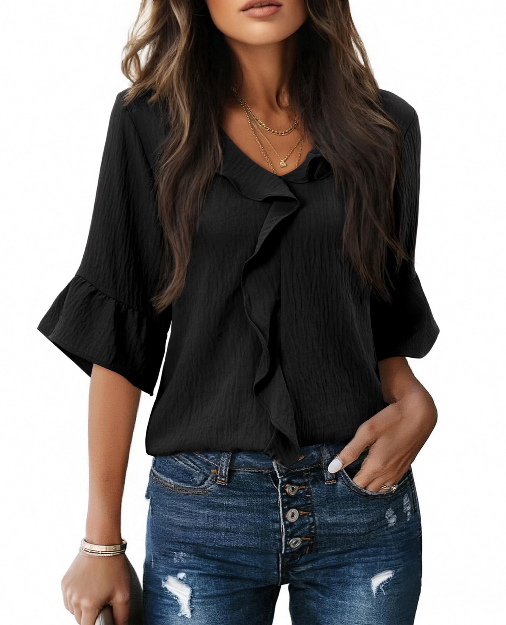 siliteelon Blusas para mujer, estilo casual, manga 3/4, con volantes, acampanada
