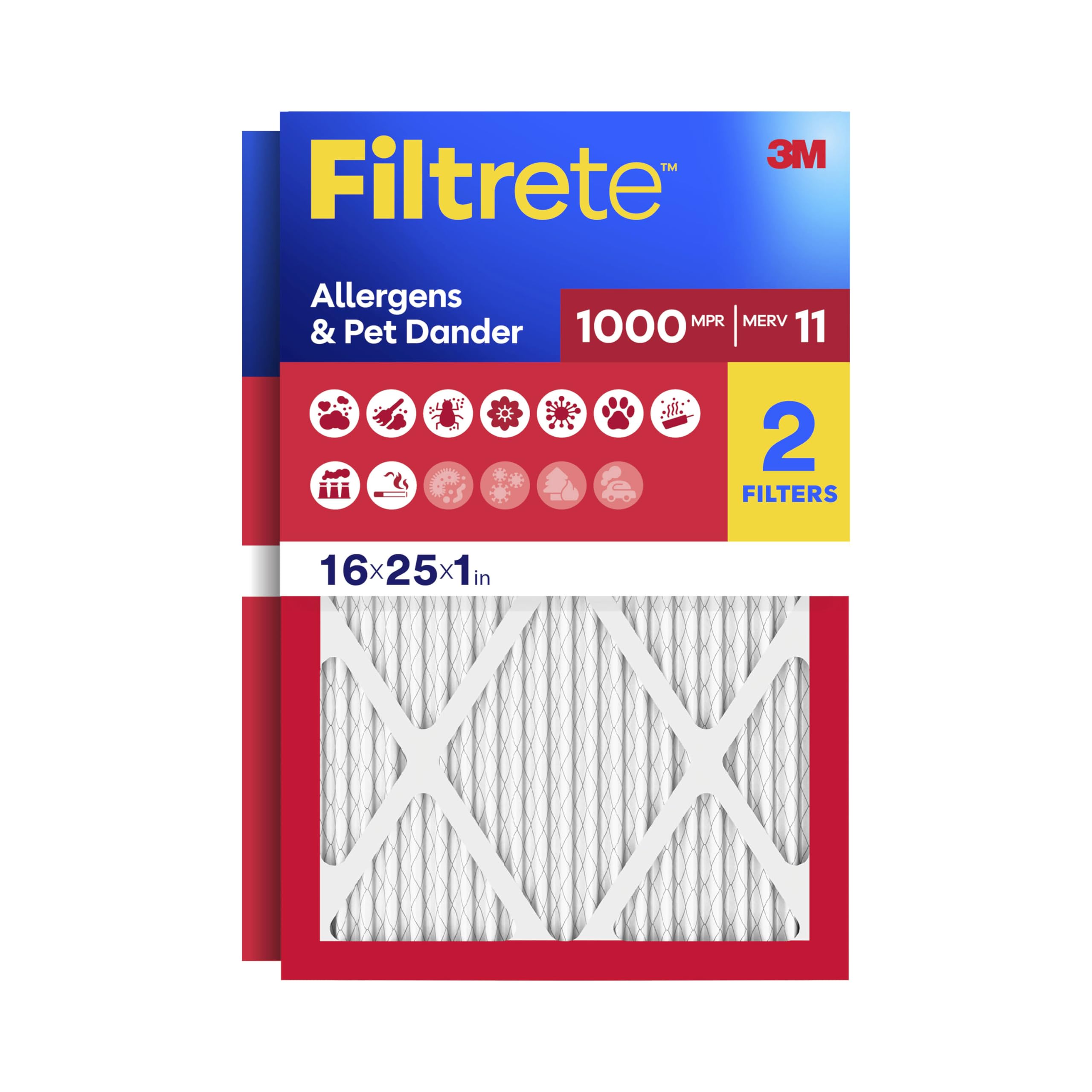 Filtrete 16x25x1 Air Filter, MERV 11, MPR 1000, 2 HVAC Filters | Allergens & Pet