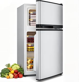 Tehanld 3.55 Cu.Ft Refrigerator with Freezer for Bedroom Dorm, Silver | Double Door Mini Refrigerator with 7 Temperature Settings and Low Noise Operation for Office and Apartment Use