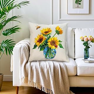Sunflower Gifts Spring Summer Decor Yellow Floral Pillow Covers Linen Throw Pillow Covers Decorative Cushion Covers for Couch Bed Sofa Farmhouse Rustic Decor