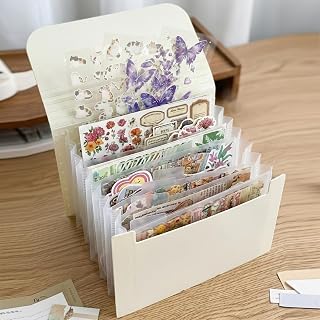 Sticker Storage Organizer with 7 Expandable Pockets for A6 Crafts (Cream) | Multi-Layer Desktop Sticker Binder for Scrapbook Essential &amp; Journal Organizer, Large Capacity for Thick Sticker &amp; Washi Tape