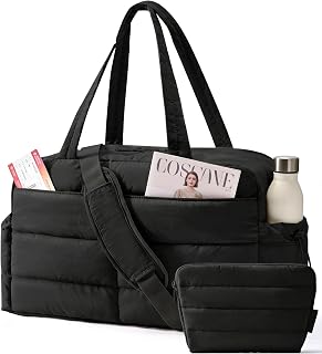 BAGSMART Gym Bag for Women, 2-PC Puffer Travel Duffle Bag Carry On Tote Bag | 31L Lightweight Duffel Bag with Makeup Pouch & Wet Pocket, Fits 15.6" Laptop, Weekender Overnight Bag for Travel Gym Hospital
