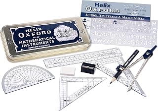 Helix Oxford Maths Set with Storage Tin - 10 Piece Maths Equipment Set - School Supplies Including Compass Ruler Protractor and Pencil