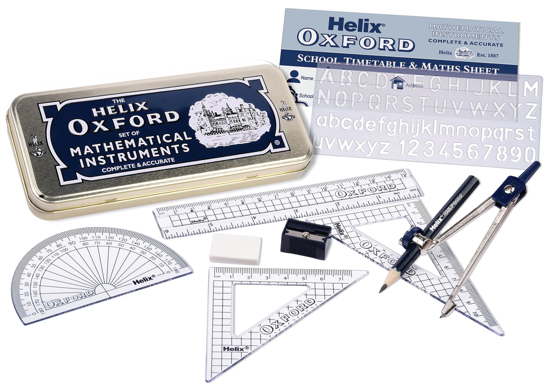 Helix Oxford Maths Set with Storage Tin - 10 Piece Maths Equipment Set - School 