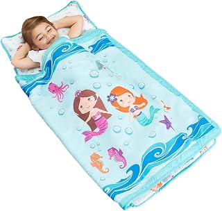 EVERYDAY KIDS Toddler Nap Mat with Removable Pillow -Underwater Mermaids- Carry Handle with Fastening Straps Closure, Rollup Design, Soft Microfiber for Preschool, Daycare Sleeping Bag, Ages 2-6 years
