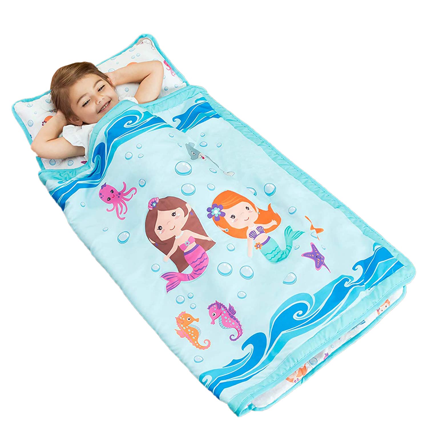 EVERYDAY KIDS Toddler Nap Mat with Removable Pillow -Underwater Mermaids- Carry 