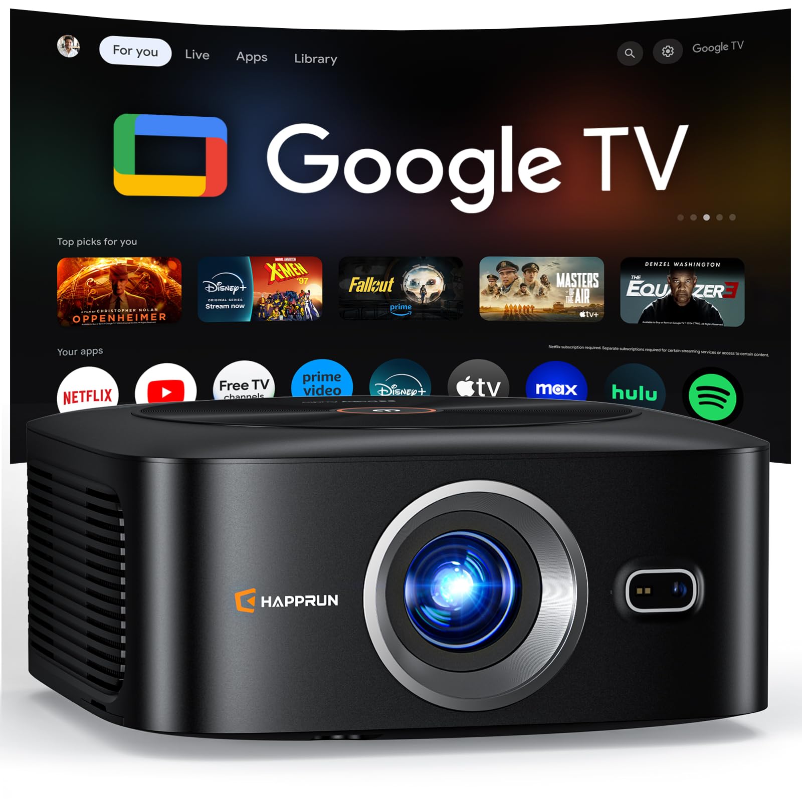 HAPPRUN 1500 ANSI 4K Decoding Outdoor Projector with Official Google TV | Smart 