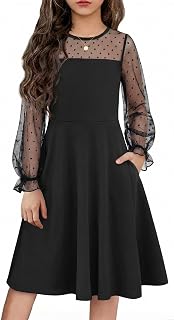 Flypigs Girl's Mesh Dress Long Sleeve High Waist A Line Sundress with Pockets for 6-13 Years