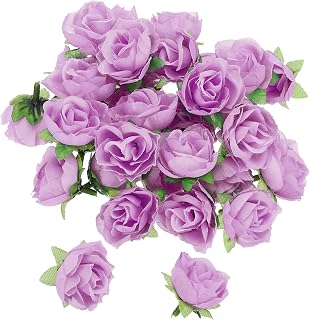 Mini Artificial Roses Bulk 1.2 Inch 50 Pcs Silk Fabric Small Fake Flower Heads for Wedding Crafts Home Party Decoration Purple