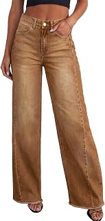 Sidefeel Womens Wide Leg High Waisted Strechy Raw Hem Denim Pants