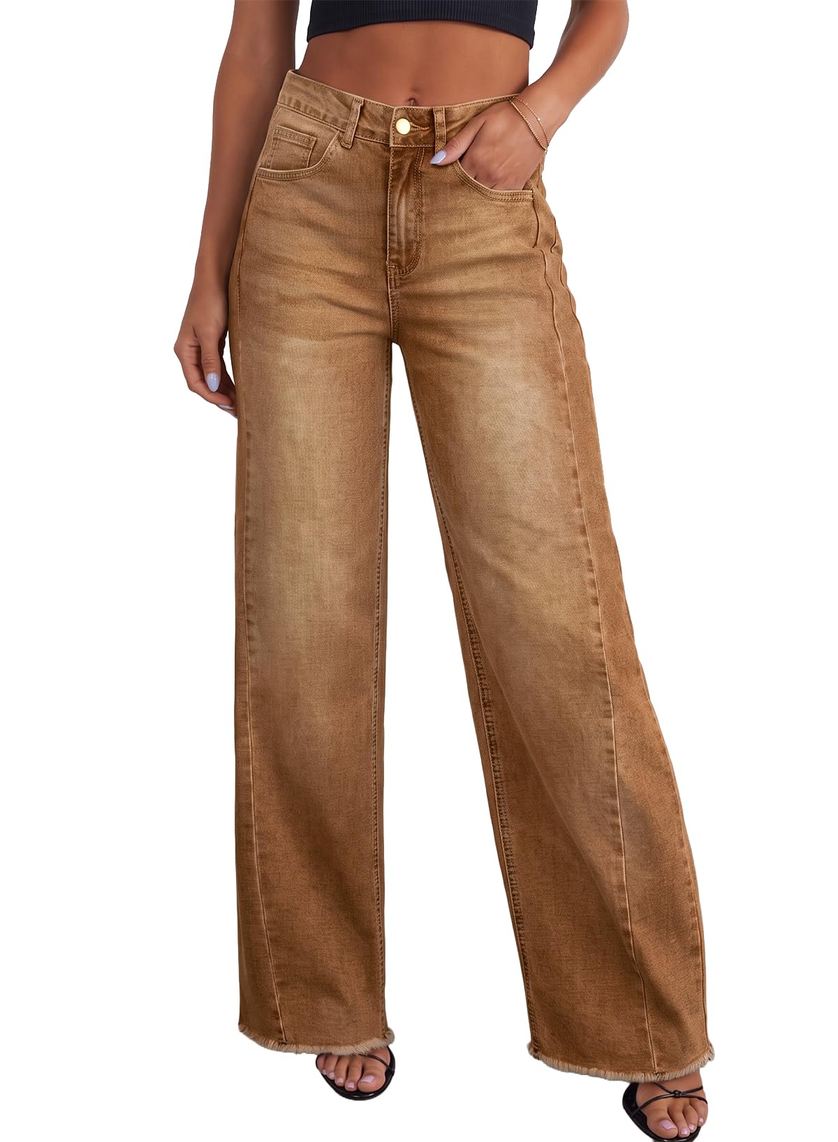 Sidefeel Womens Wide Leg High Waisted Strechy Raw Hem Denim Pants