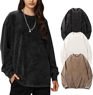 Yimoon オーバーサイズ Tシャツ 女性用 コットン 長袖 シャツ アシッド ウォッシュ バギー Tシャツ ヴィンテージ Tシャツ ストリートウェア