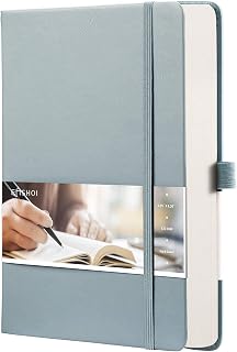 EMSHOI - Cuaderno con líneas (A5, 128 páginas numeradas, tapa dura, papel grueso de 120 g/m², color gris y azul