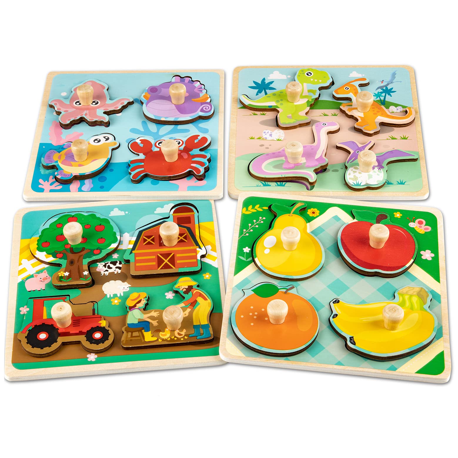 Funsland Wooden Toddler Puzzles - 4 Pcs Eco-Friendly Animal Patterns Jigsaw With