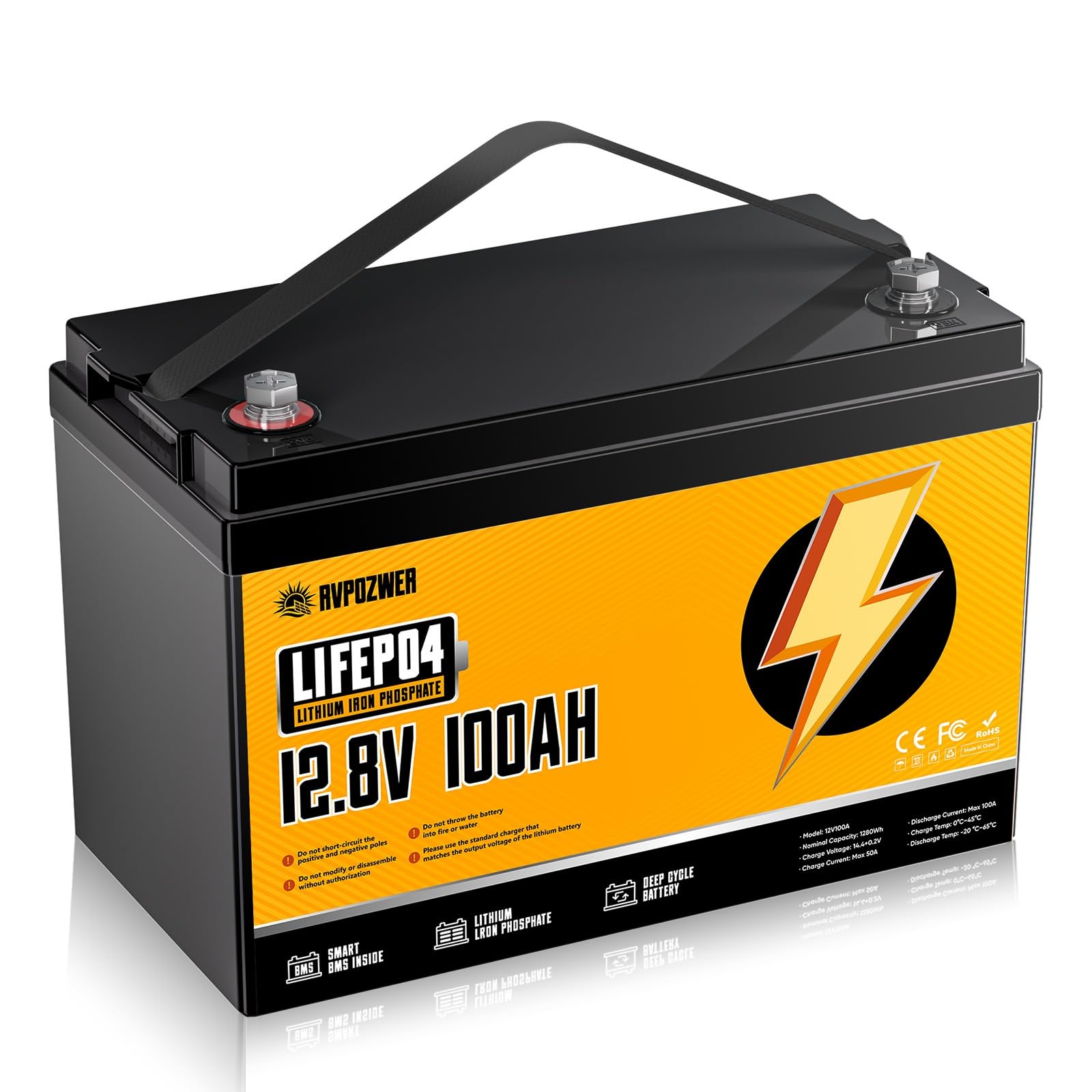 12V 100Ah LiFePO4 Battery Built-in 100A BMS, Deep Cycle Batteries, Grade A Lithi