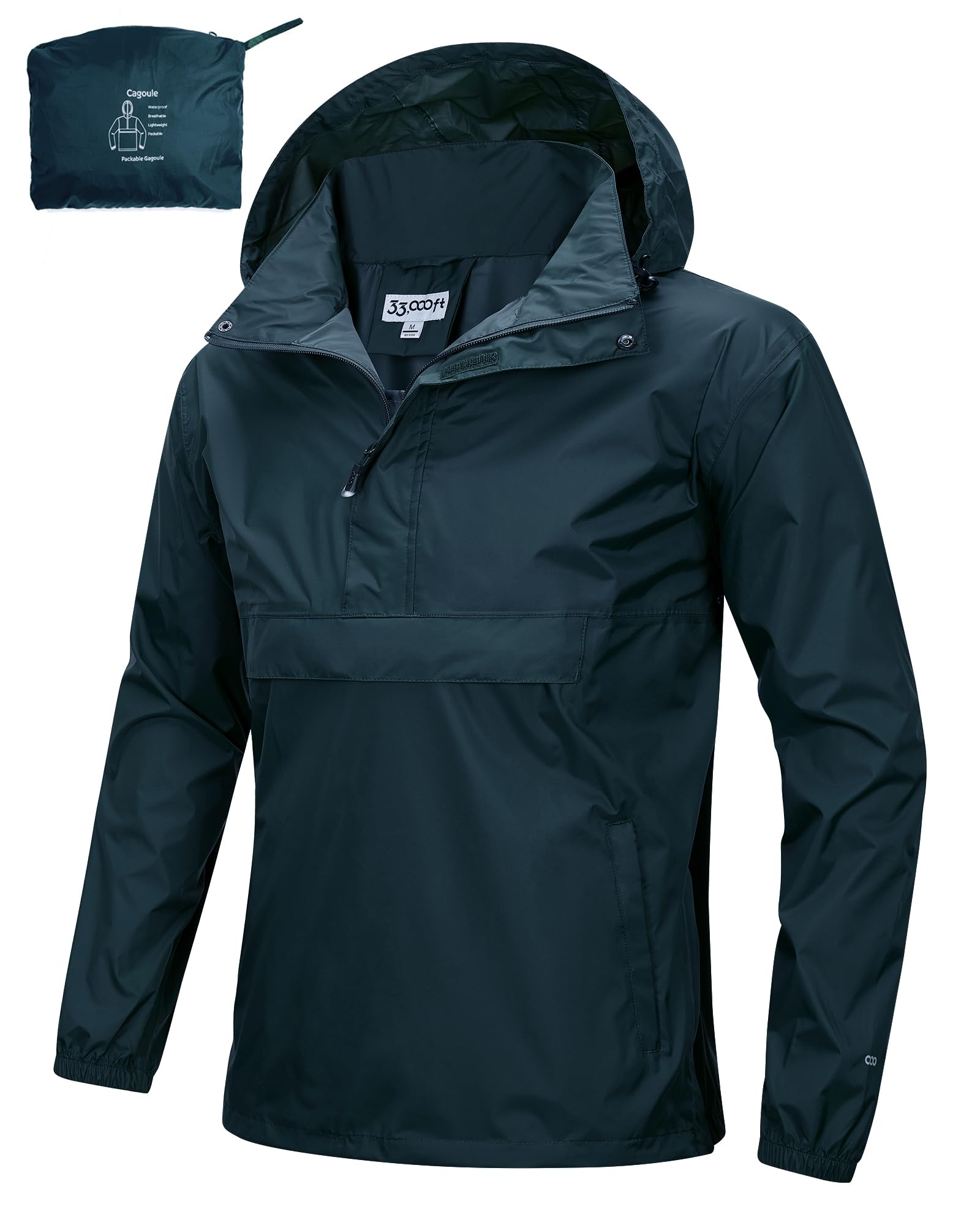 33,000ft Men's Raincoat Lightweight Waterproof Packable Hooded Raincoat with Ref
