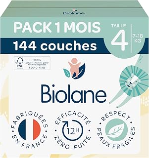 BIOLANE - Baby Diapers Size 4 (7-18 kg) - Pack 1 Month - 144 Nappies | Sensitive skin, ultra-absorbent, up to 12 hours dry, no leakage, made in France
