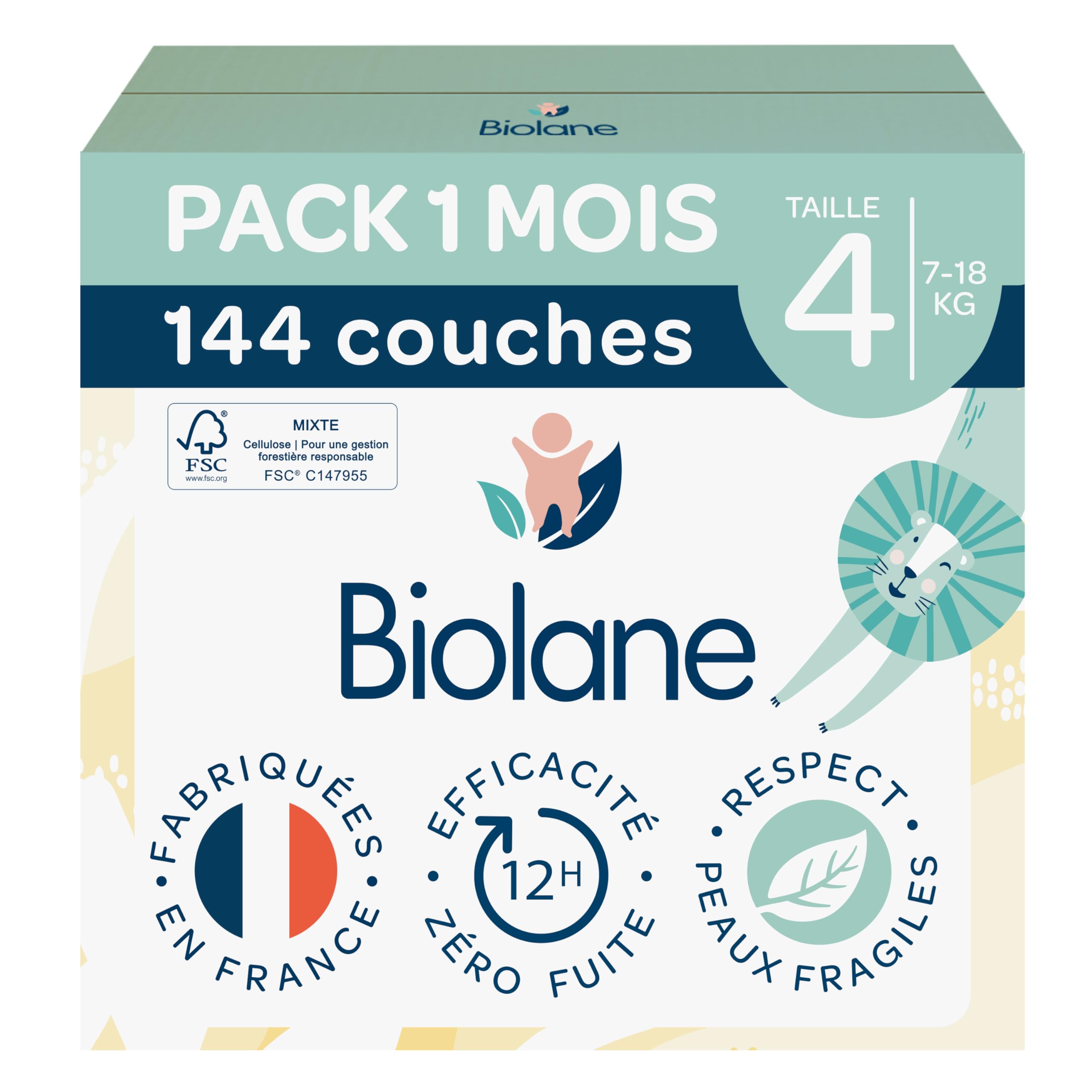 BIOLANE - Baby Diapers Size 4 (7-18 kg) - Pack 1 Month - 144 Nappies | Sensitive