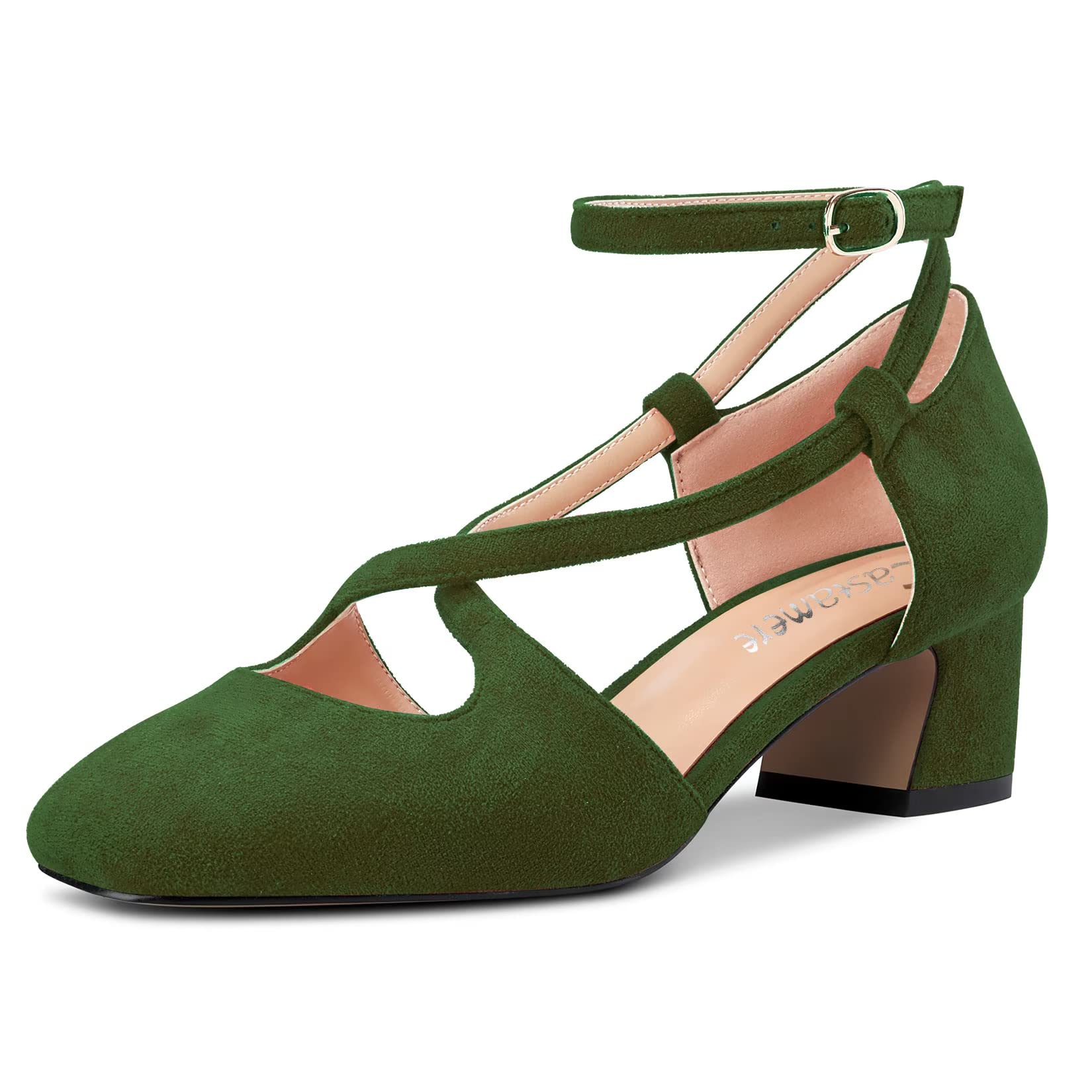 Castamere Women's Mid Block Chunky Heel Square Toe Cross Straps Pumps Party Cute