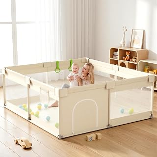 Uanlauo Beige Small Baby Playpen - 47x47in Playpen for Babies and Toddlers | Non-Folding Design, Safe Indoor Play Pen, Baby Pen with Side Storage Bag and Breathable Mesh, Playard with 2 pull-up rings