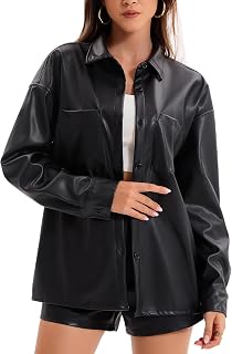 Women's Faux Leather Button Up Shirt Jacket Pleather Blouse Shacket Tops