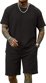 COOFANDY Conjunto de 2 piezas de algodón gofre para hombre, camisa casual de manga corta y pantalones cortos, conjunto de chándal de verano para correr