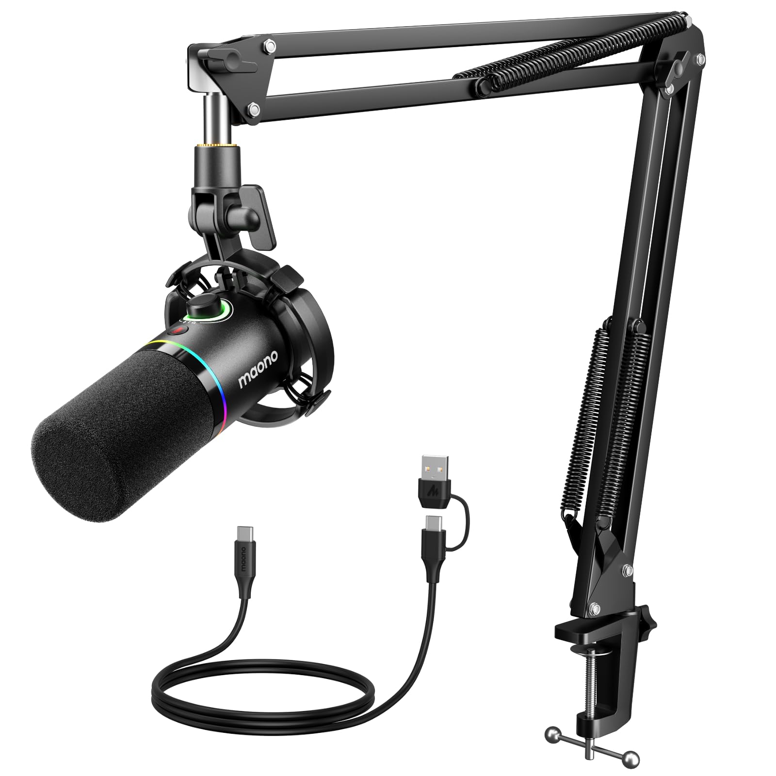 MAONO XLR/USB Dynamic Microphone Set, RGB Podcast Microphone with Boom Arm, Soft