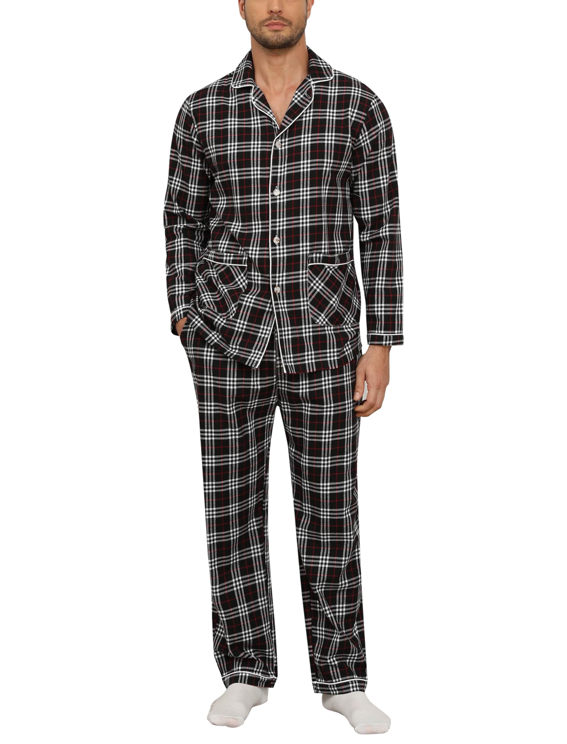 MoFiz Mens Pajama Set Soft Cotton Button Down Notched Collar Pjs Long Sleeve 2 P