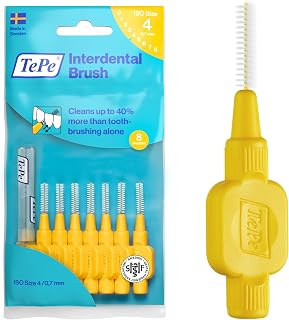 TePe Interdental Brush, Original, Yellow, 0.7mm/ISO 4, 8pcs | Effective cleaning between teeth, Plaque remover and brush for small gaps